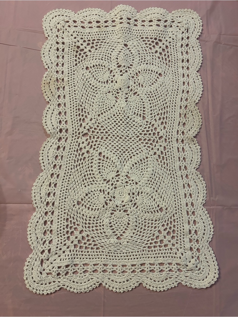 Vintage Handmade Crochet White Rectangular Doily Runner